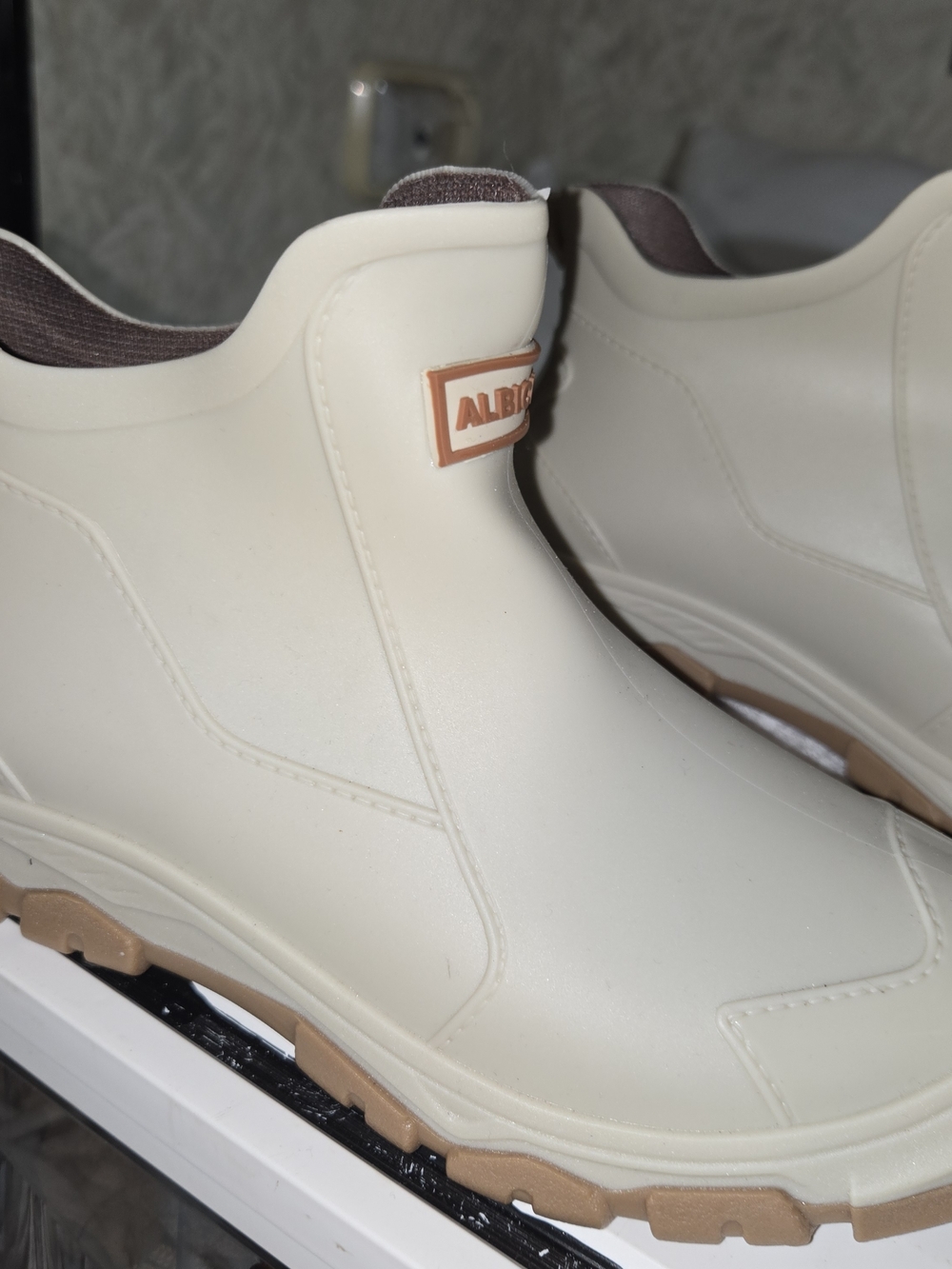 Cream and Tan Womens Waterproof Pull-On Rain Boots